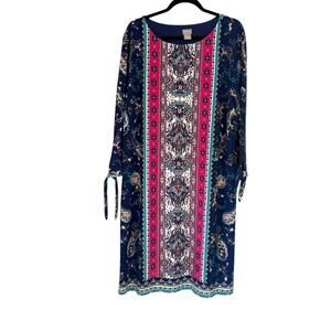 Chico’s Size 4 US 20 Blue Paisley Print Dress Tie Sleeve Lined Stretch